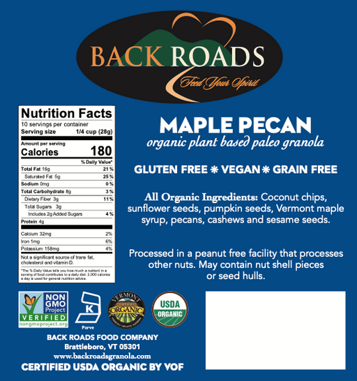 Back Roads Maple Pecan Granola,  Paleo, V, GF, Organic
