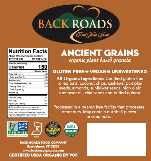 Back Roads Ancient Grains Granola, GF, Unsweetened, Vegan, Organic