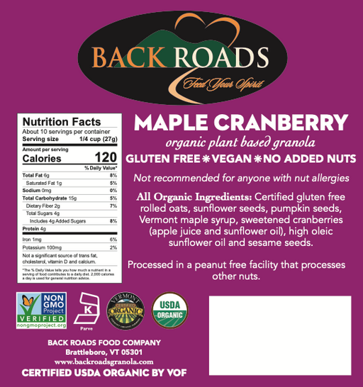 Back Roads Maple Cranberry, Organic GF V No added nuts